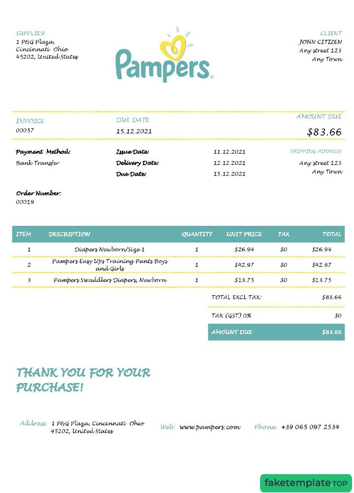 Feature of fake USA Pampers invoice example